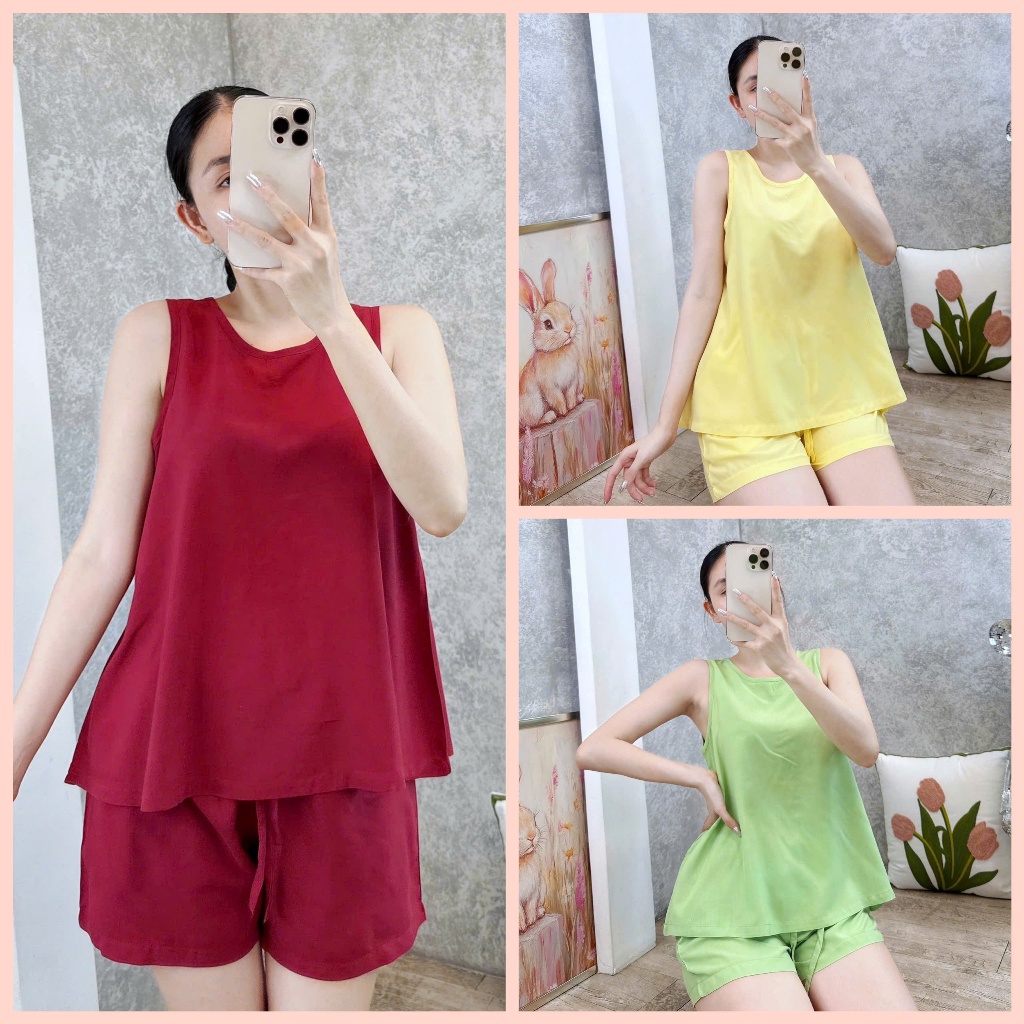Đồ bộ tole nữ, bộ lanh mặc nhà quần đùi, áo sát nách màu trơn SHOP5SAO (43-75kg)
