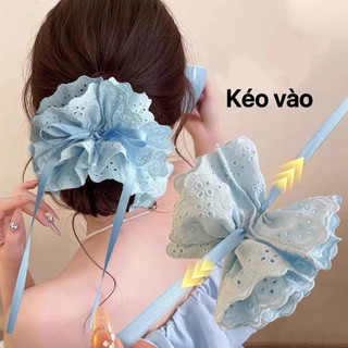 (Hoả tốc HN) Dây cột tóc ren scrunchies 4 lớp dây rút có thể điều chỉnh phong cách Hàn Quốc