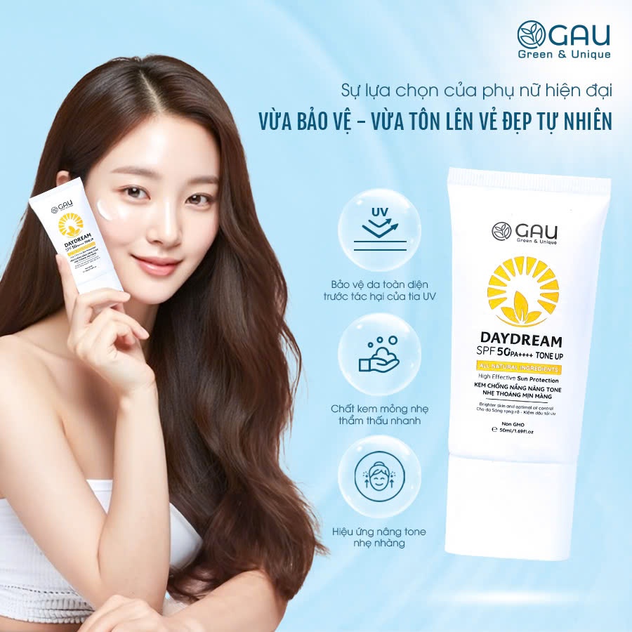 Kem chống nắng Nâng Tone Tự nhiên Trắng hồng Mịn Thoáng Dưỡng ẩm GAU SPF50+PA++++ 50ml