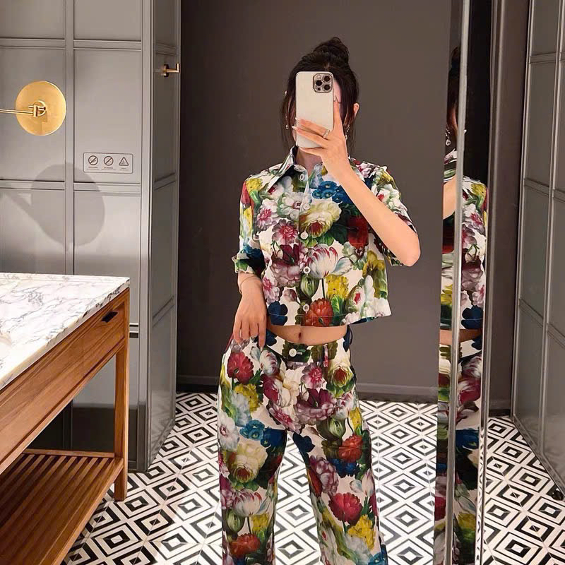 set áo sơ mi croptop và váy maxi hoa mẫu đơn nhiều kiểu