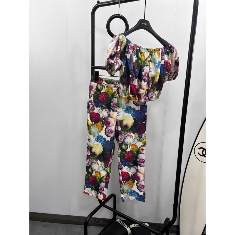 set áo sơ mi croptop và váy maxi hoa mẫu đơn nhiều kiểu