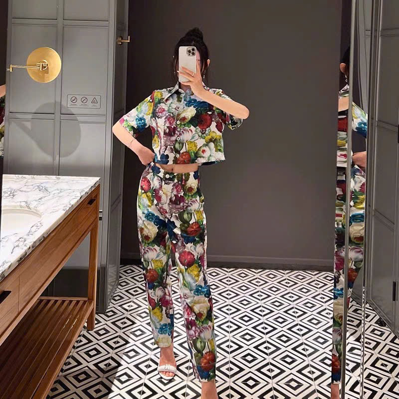 set áo sơ mi croptop và váy maxi hoa mẫu đơn nhiều kiểu
