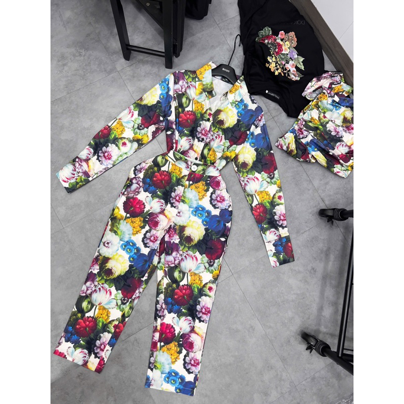 set áo sơ mi croptop và váy maxi hoa mẫu đơn nhiều kiểu