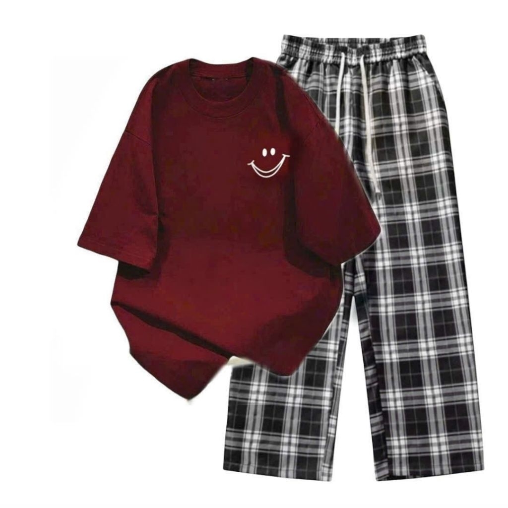 Sét Bộ Quần Kẻ Caro đen  + mix áo phông in mặt cười  nam nữ cotton