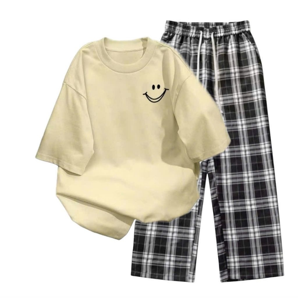 Sét Bộ Quần Kẻ Caro đen  + mix áo phông in mặt cười  nam nữ cotton