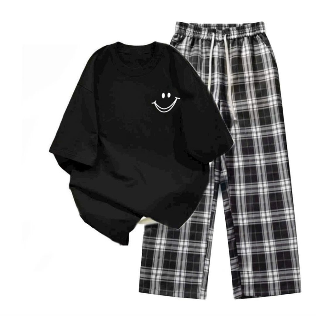 Sét Bộ Quần Kẻ Caro đen  + mix áo phông in mặt cười  nam nữ cotton