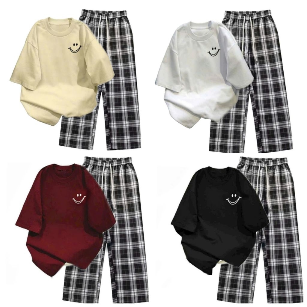 Sét Bộ Quần Kẻ Caro đen  + mix áo phông in mặt cười  nam nữ cotton