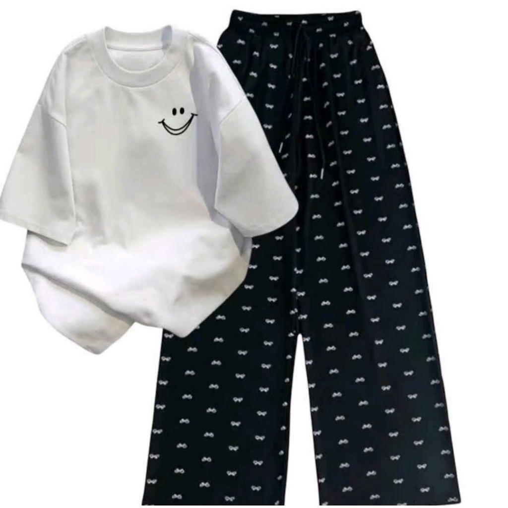 Sét Bộ Quần Ống Suông nơ + mix áo phông unisex nam nữ-chất da cá đẹp dày