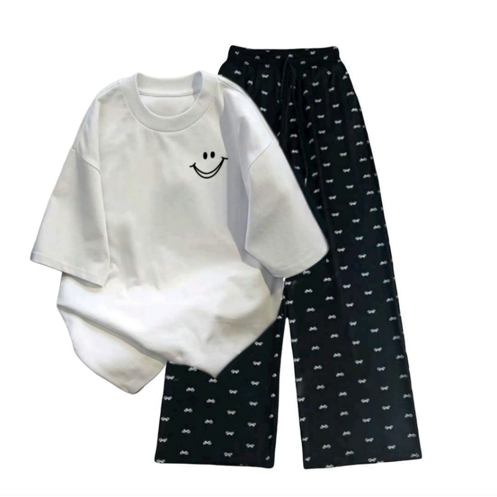 Sét Bộ Quần Ống Suông nơ + mix áo phông unisex nam nữ-chất da cá đẹp dày