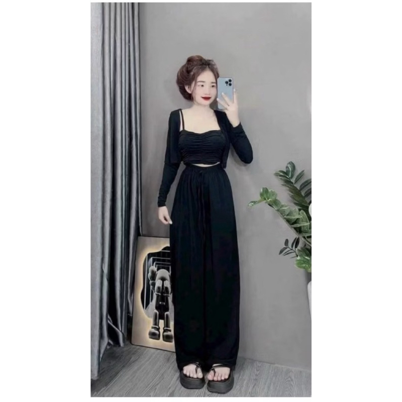 L65- [Bộ 3 món] Set áo 2 dây nhún kèm khoác tay dài và quần suông ống rộng, chất thun tăm lạnh 40-56kg