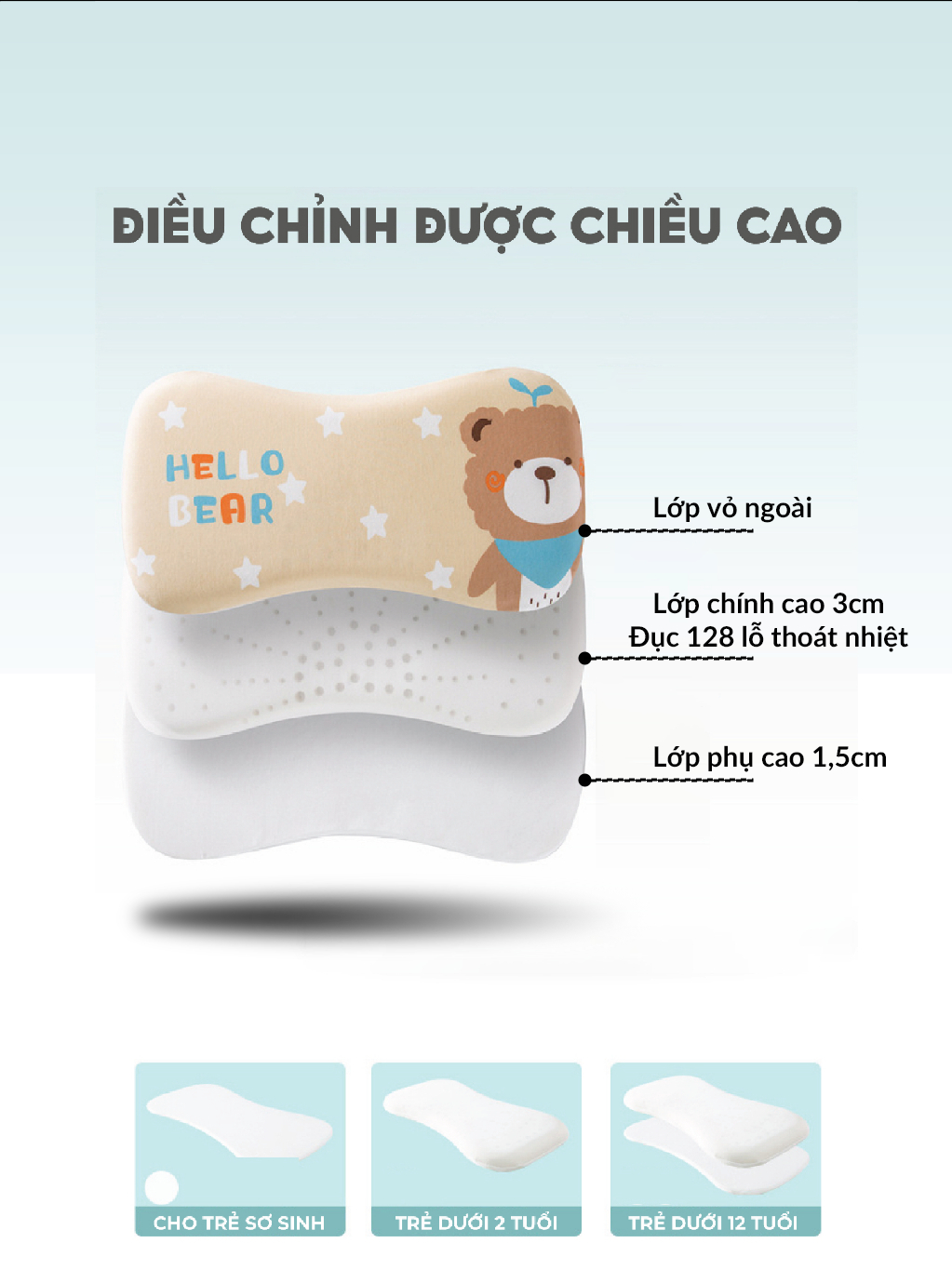 Ảnh Gối cao su non 1989KIDS SHOP cho bé từ 1 đến 12 tuổi 2 lõi tùy chỉnh độ cao mềm mại chống lệch xương cổ, mỏi vai gáy 3
