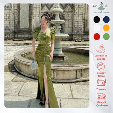 Đầm Dạ Hội Phi Lụa Cánh Quạt, Váy Dạ Hội Trung Niên Bigsize Đi Sự Kiện, Dự Tiệc Sang Trọng Mã Dạ Hội M49