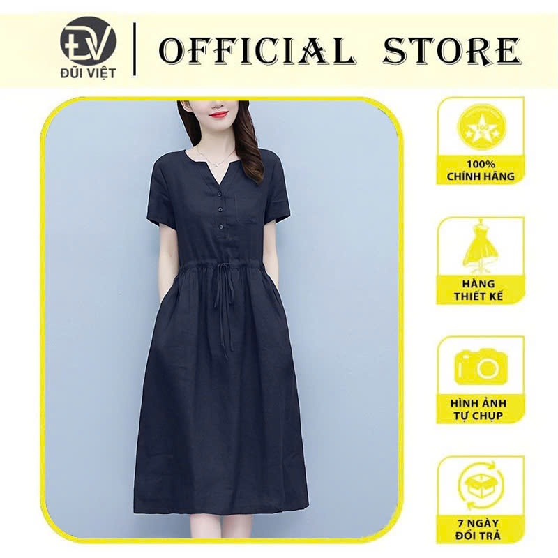Đầm suông thiết kế dây rút eo tiện lợi, váy suông linen thoáng mát ...