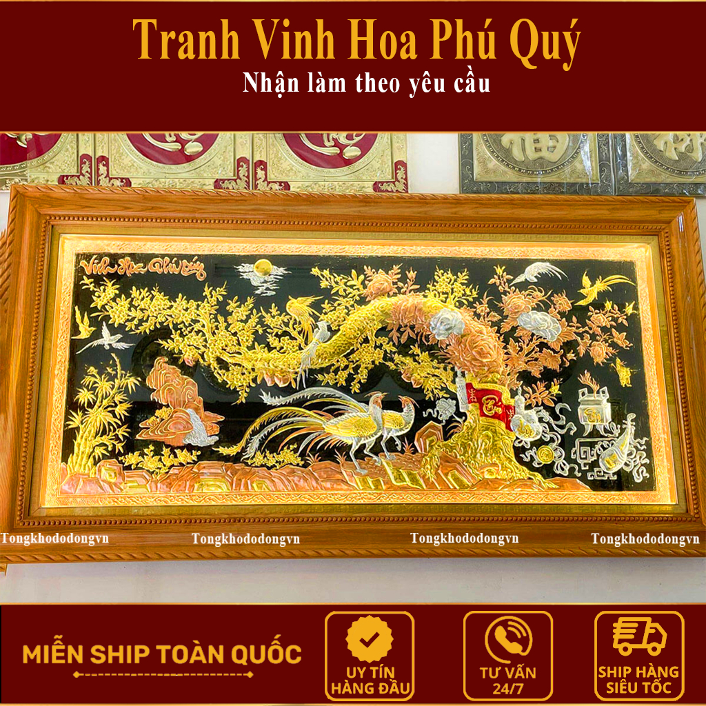 Tranh Đồng Vinh Hoa Phú Quý 1m7*90 Khung Gỗ Cao Cấp Mạ Vàng   Kèm Đèn Led Freeship Toàn Quốc
