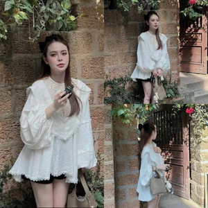 Áo Thô Đũi Dáng Babydoll Pha Ren Tay Dài Tiểu Thư Form Dấu Quần