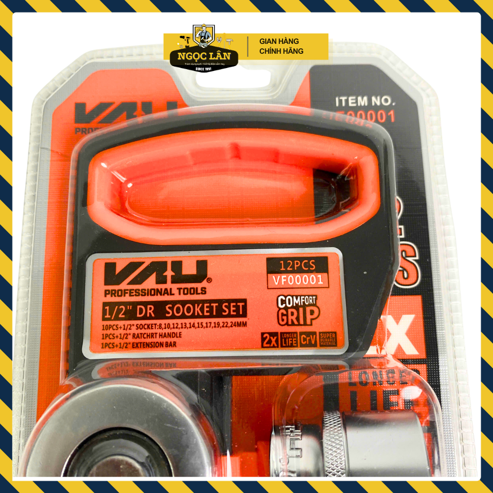 Bộ khẩu tự động 12 chi tiết 1/2 inch 8-24mm thép CRV cao cấp VAU (Bộ đầu khẩu, cần tự động & nối dài)
