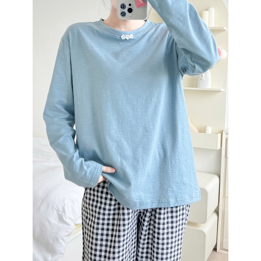Áo thun Nữ tay dài cài nút hoa cúc JULY fashion, Áo thun dài tay Candy top thời trang trẻ trung,Chất thun xược dán rộng