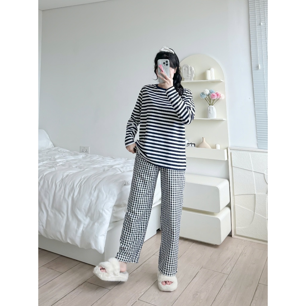 Sét Bộ Dài Mặc Nhà Nữ Áo Tay Dài Sọc - Quần Dài Kate Mềm Mại JULY fashion, đồ bộ tay dài thu đông mặc nhà mềm mại, ấm áp