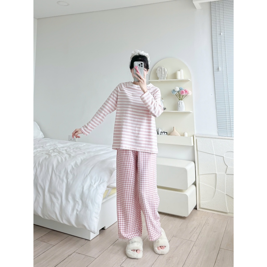 Sét Bộ Dài Mặc Nhà Nữ Áo Tay Dài Sọc - Quần Dài Kate Mềm Mại JULY fashion, đồ bộ tay dài thu đông mặc nhà mềm mại, ấm áp