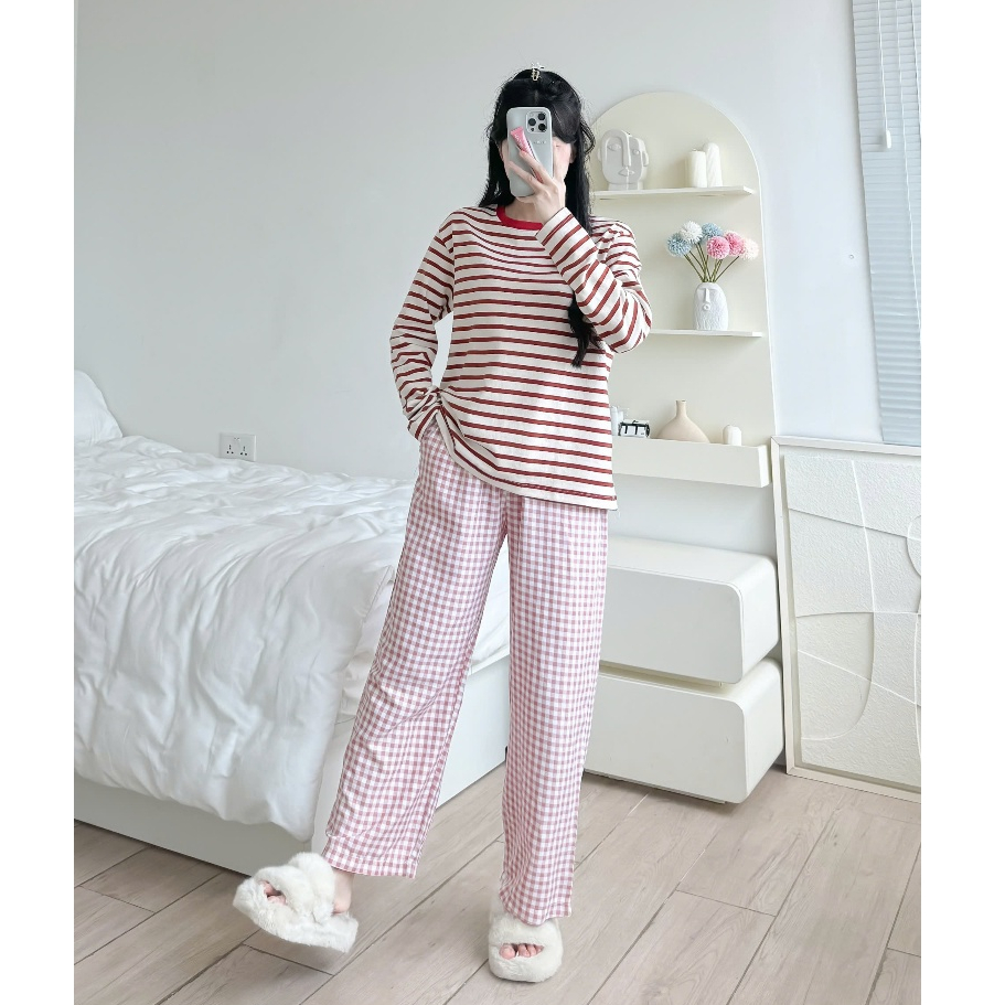 Sét Bộ Dài Mặc Nhà Nữ Áo Tay Dài Sọc - Quần Dài Kate Mềm Mại JULY fashion, đồ bộ tay dài thu đông mặc nhà mềm mại, ấm áp