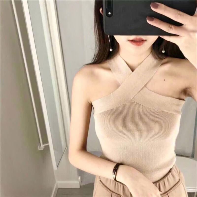 Áo kiểu cổ yếm dây đan chéo, Áo hai dáng ôm cổ chéo TingTing 88