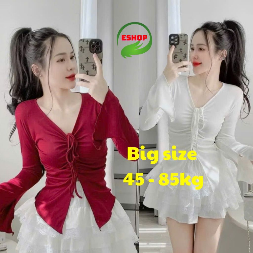 Áo Thun Bigsize Nữ Tay Dài 45-85kg Cổ V Rút Dây ESHOP Áo Kiểu Dài Tay Đẹp Dễ Thương Thun Gân MS065