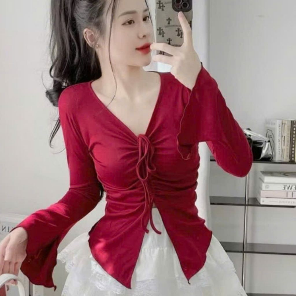 Áo Thun Bigsize Nữ Tay Dài 45-85kg Cổ V Rút Dây ESHOP Áo Kiểu Dài Tay Đẹp Dễ Thương Thun Gân MS065