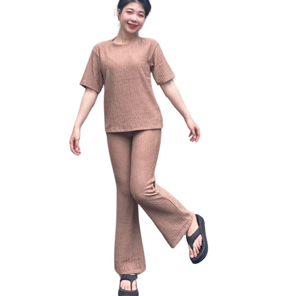 Đồ mặc nhà quần dài loe áo tay ngắn vải xốp ESHOP đồ bộ nữ vải sốp co giãn đẹp dễ thương set bộ xinh DS68