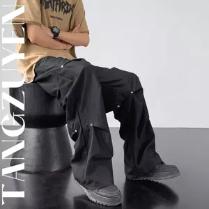 Quần ống rộng kaki nam nữ có gắn đinh tạo kiểu độc lạ Quần ống suông rút cạp hiiphop cá tính unisex ngầu T384G MONOKA