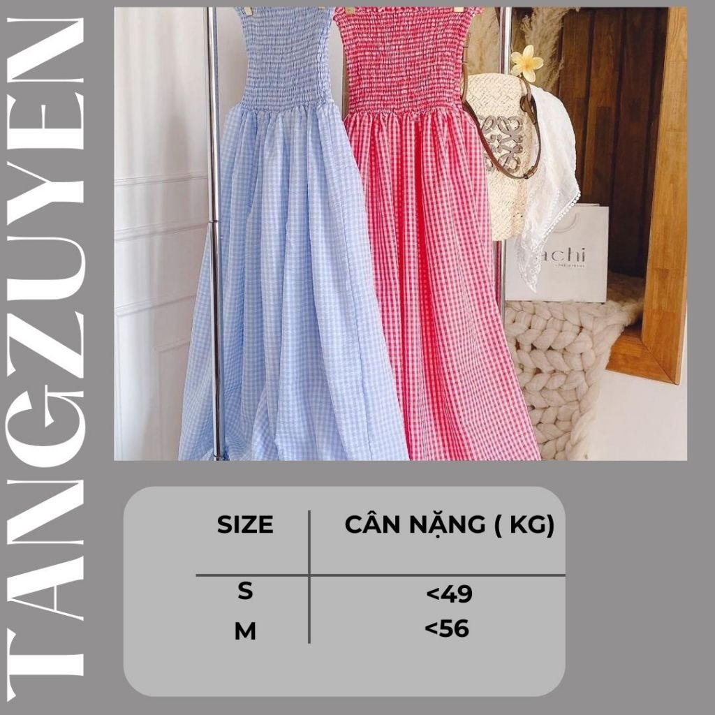 Váy quây dáng dài maxi kẻ caro chun ngực viền bèo Đầm nữ cúp ngực vintage dáng xòe retro đi biển nữ tính T221G MONOKA