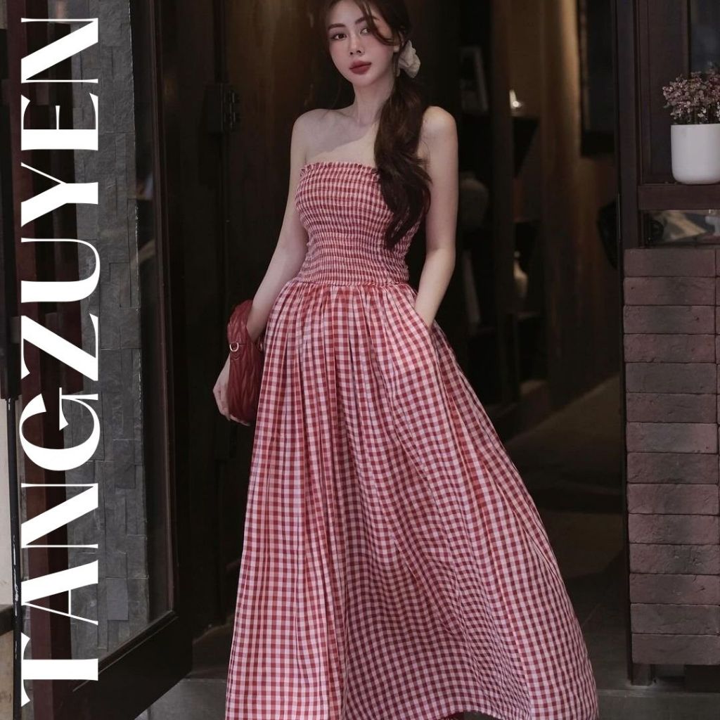 Váy quây dáng dài maxi kẻ caro chun ngực viền bèo Đầm nữ cúp ngực vintage dáng xòe retro đi biển nữ tính T221G MONOKA