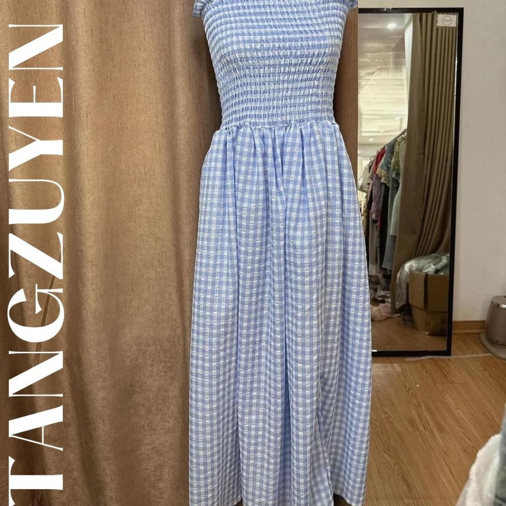 Váy quây dáng dài maxi kẻ caro chun ngực viền bèo Đầm nữ cúp ngực vintage dáng xòe retro đi biển nữ tính T221G MONOKA