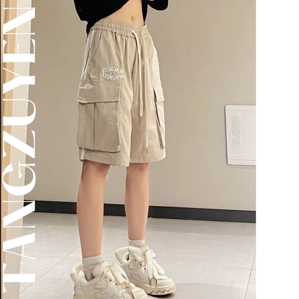 Quần short ngố ống rộng túi hộp 2 sọc túi hộp dây rút cạp chun thêu chữ BLACKGTS Quần sooc lửng đùi ngắn T387G MONOKA