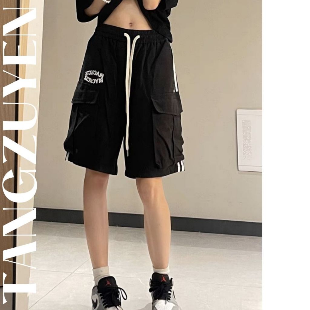 Quần short ngố ống rộng túi hộp 2 sọc túi hộp dây rút cạp chun thêu chữ BLACKGTS Quần sooc lửng đùi ngắn T387G MONOKA