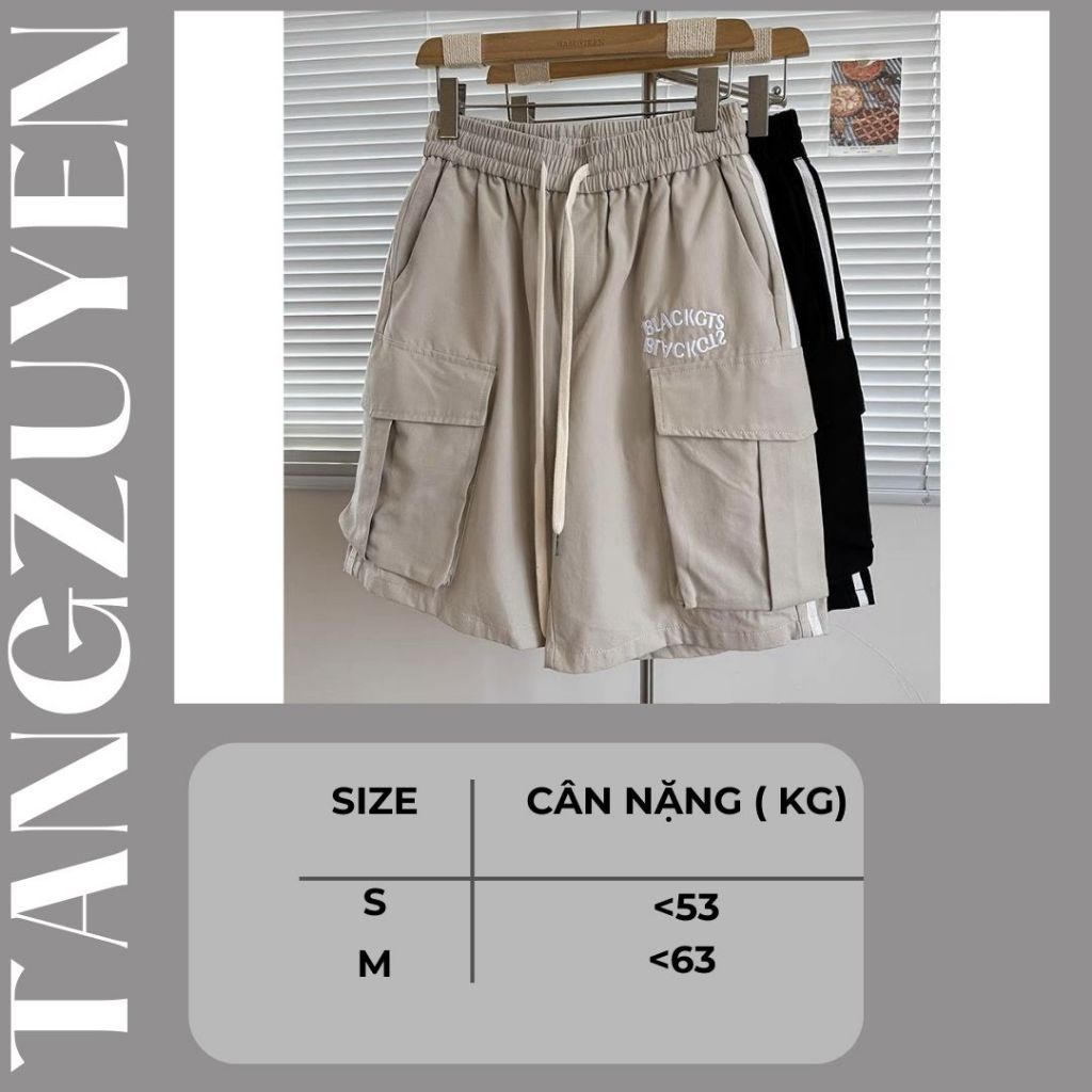 Quần short ngố ống rộng túi hộp 2 sọc túi hộp dây rút cạp chun thêu chữ BLACKGTS Quần sooc lửng đùi ngắn T387G MONOKA