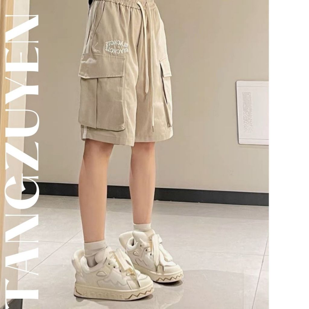 Quần short ngố ống rộng túi hộp 2 sọc túi hộp dây rút cạp chun thêu chữ BLACKGTS Quần sooc lửng đùi ngắn T387G MONOKA