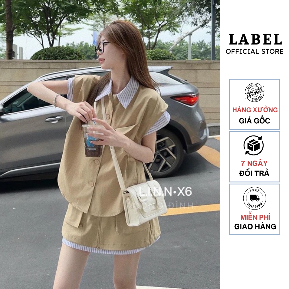 Set kaki sơ mi phối 2 màu kèm chân váy cạp chun