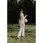 Áo cadigan cotton kẻ hồng cổ thủy thủ phối trắng + Quần bò trắng ống loe tôn dáng(sản phẩm tách lẻ - lưu ý khi đặt hàng) — ảnh 3