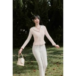 Áo cadigan cotton kẻ hồng cổ thủy thủ phối trắng + Quần bò trắng ống loe tôn dáng(sản phẩm tách lẻ - lưu ý khi đặt hàng) — ảnh 2