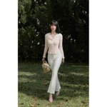 Áo cadigan cotton kẻ hồng cổ thủy thủ phối trắng + Quần bò trắng ống loe tôn dáng(sản phẩm tách lẻ - lưu ý khi đặt hàng) — ảnh 1
