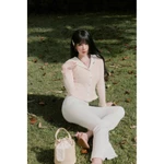 Áo cadigan cotton kẻ hồng cổ thủy thủ phối trắng + Quần bò trắng ống loe tôn dáng(sản phẩm tách lẻ - lưu ý khi đặt hàng) — ảnh 5