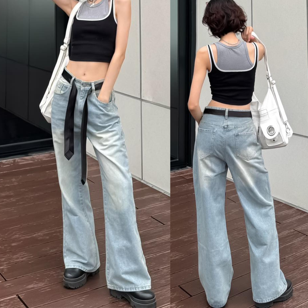Quần jean ống loe rộng nữ MIAA cạp cao chất jean không co giãn, quần