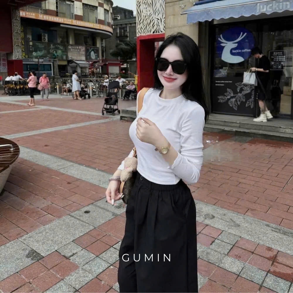 Áo thun croptop GUMIN thiết kế cổ tròn dài tay, Áo thun nữ thu đông dáng ngắn sang trọng