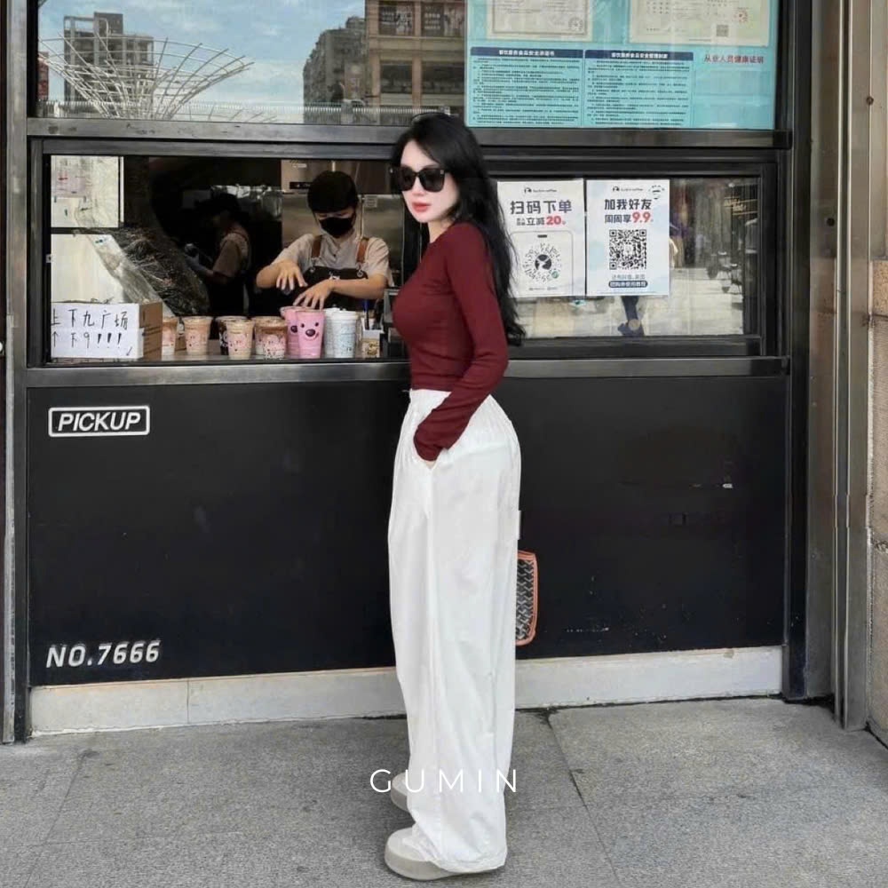 Áo thun croptop GUMIN thiết kế cổ tròn dài tay, Áo thun nữ thu đông dáng ngắn sang trọng