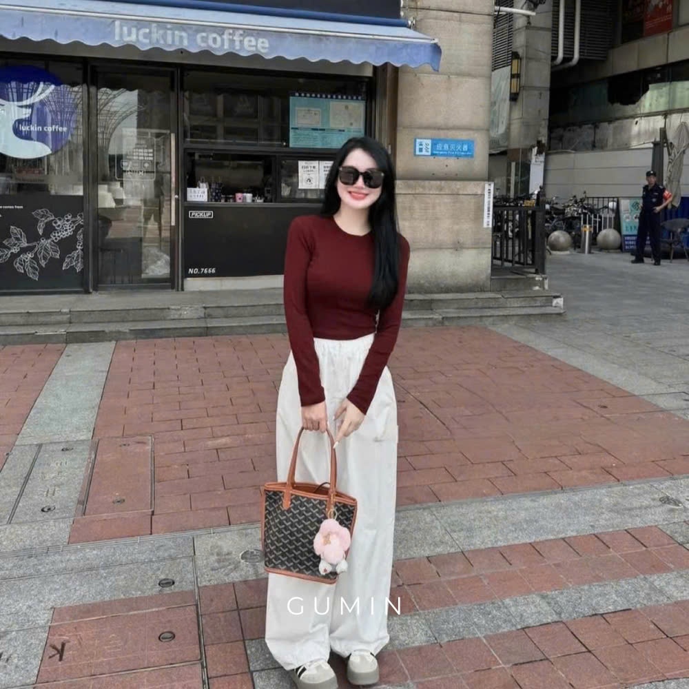 Áo thun croptop GUMIN thiết kế cổ tròn dài tay, Áo thun nữ thu đông dáng ngắn sang trọng
