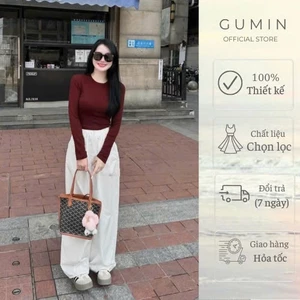Áo thun croptop GUMIN thiết kế cổ tròn dài tay, Áo thun nữ thu đông dáng ngắn sang trọng