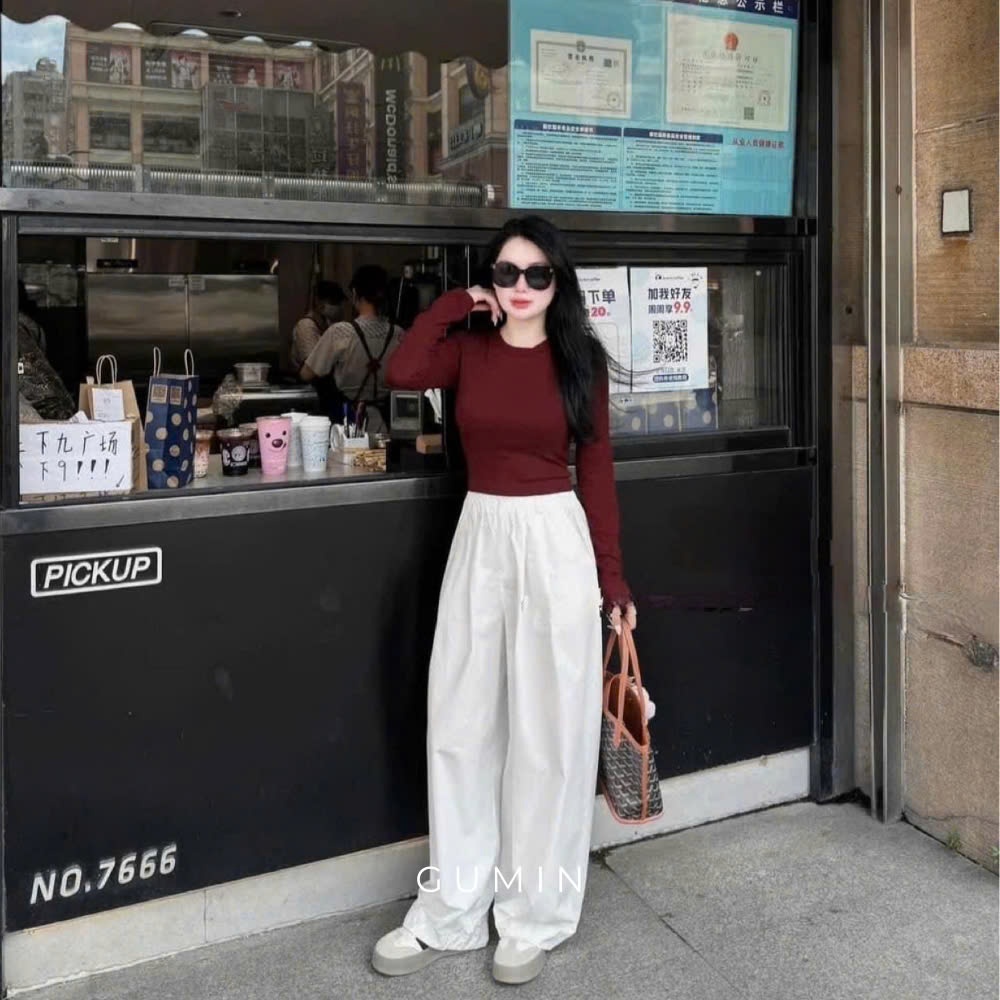 Áo thun croptop GUMIN thiết kế cổ tròn dài tay, Áo thun nữ thu đông dáng ngắn sang trọng