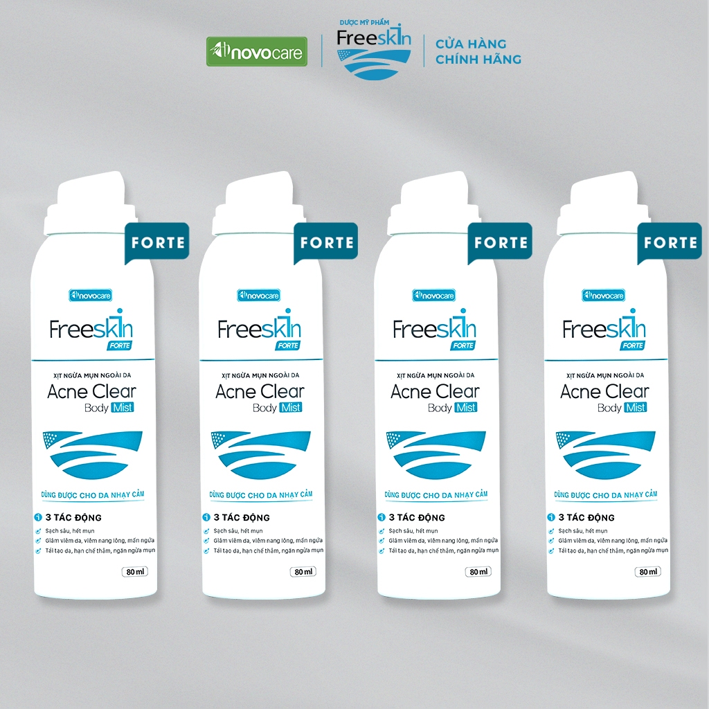 Ảnh Combo 4 xịt mụn lưng, viêm nang lông, dày sừng nang lông, viêm da Novocare - Freeskin, sạch mụn, mờ thâm, sáng da 80ml 1