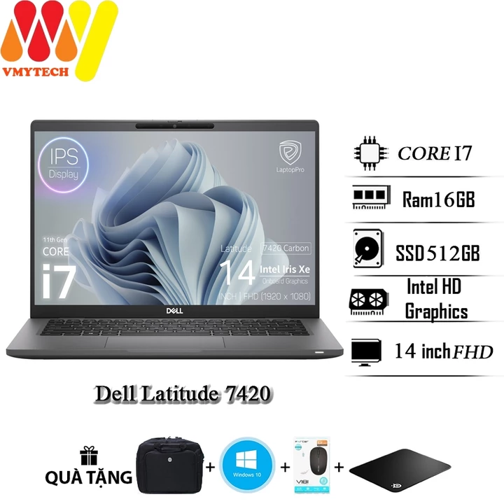Laptop Dell Latitude 7420 dùng cho văn phòng, sinh viên, Core i7-1185G7, Ram 16GB, SSD 512GB, Màn hình 14inch Full HD