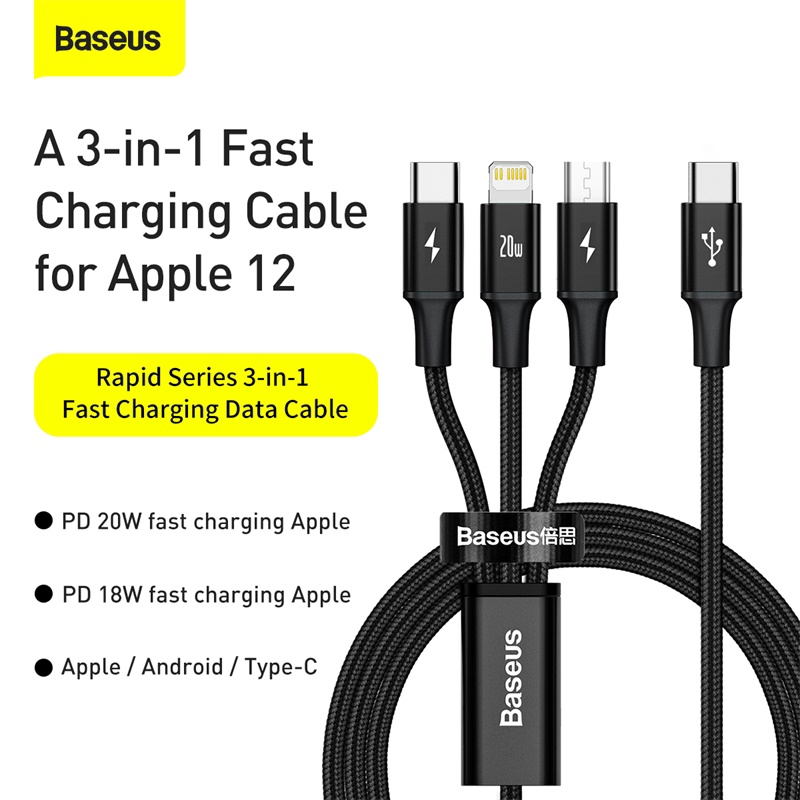 Cáp Dữ Liệu/Sạc Nhanh 20W Baseus 3 Trong 1 Type-C cho tất cả Phone 20W PD Dành Cho Huawei Xiaomi